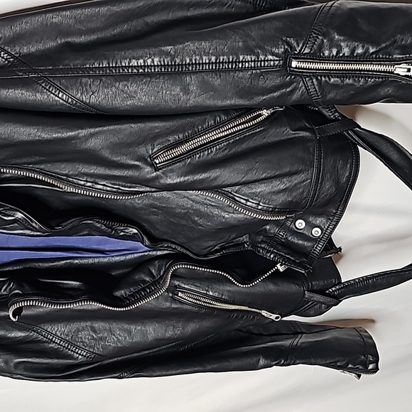 Free People black faux leather vegan moto motorcycle zip up hooded jacket sz S - Picture 8 of 12